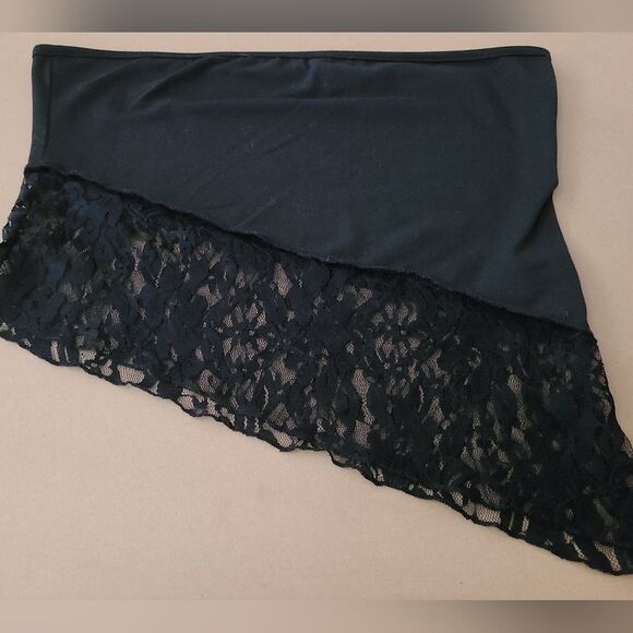 Strapless Black Lace Bandeau Crop Tube Top Asymmetrical Hem - Women's Size Large - Picture 7 of 9